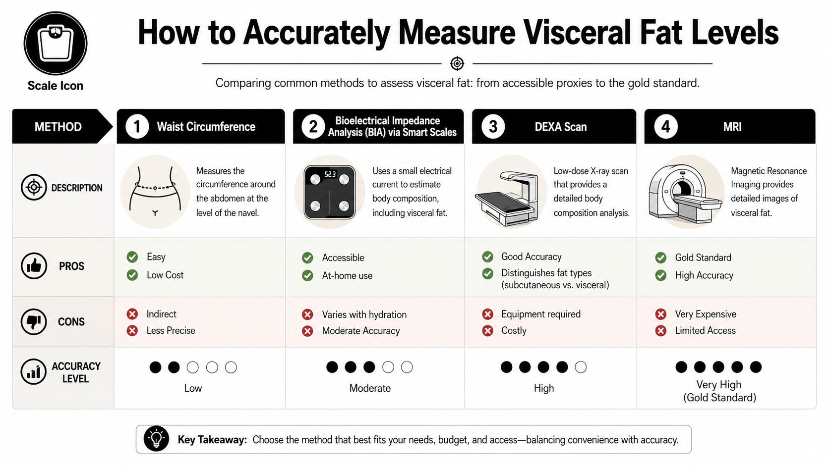 A comparison chart outlining four common methods for measuring visceral fat levels including accuracy, pros, and cons.