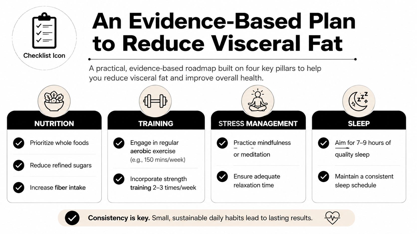 An infographic titled An Evidence-Based Plan to Reduce Visceral Fat, outlining nutritional, exercise, stress, and sleep habits.