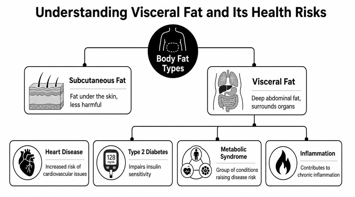 A diagram contrasting subcutaneous fat and visceral fat, highlighting visceral fat as a primary health risk factor.