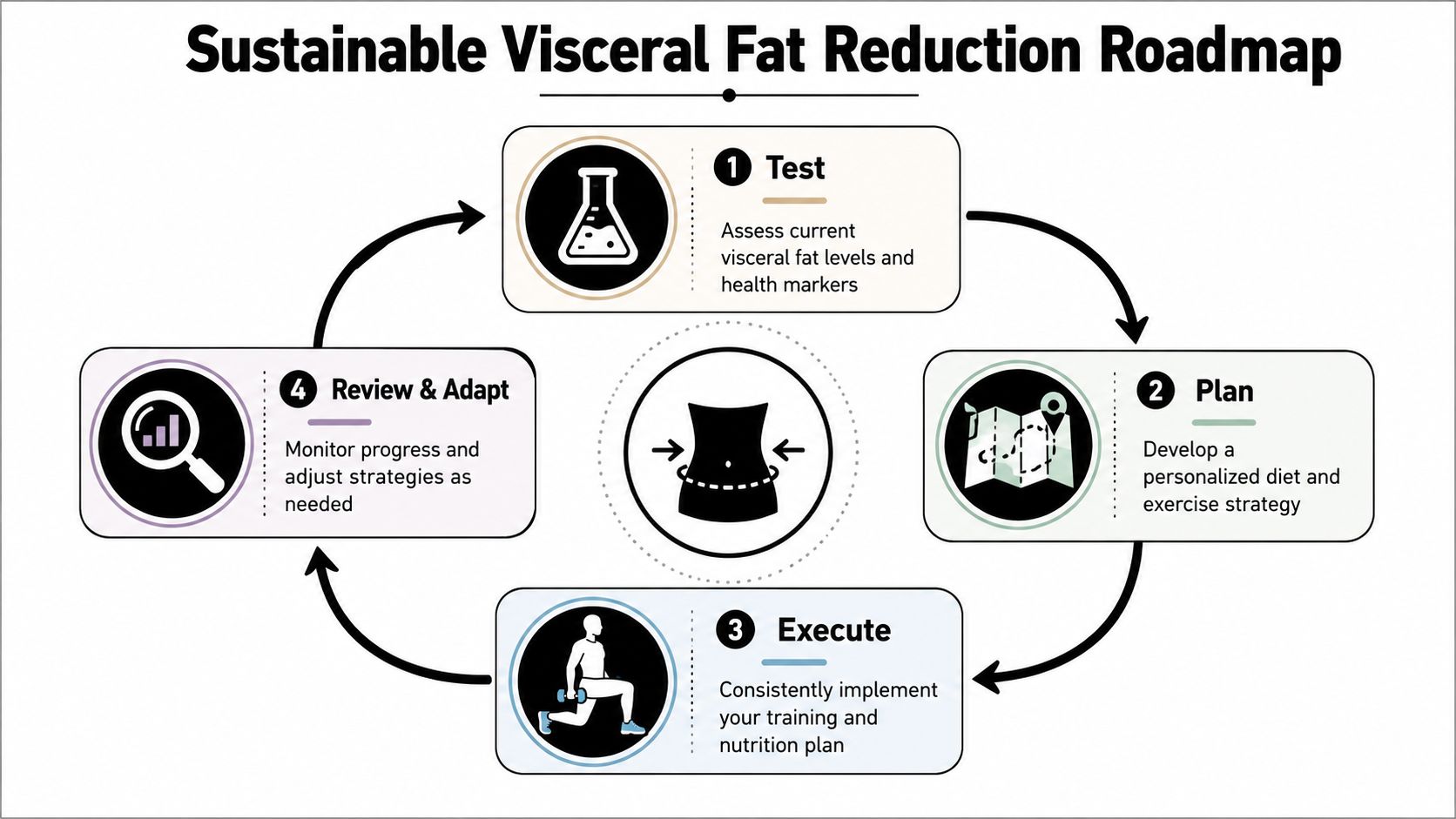 A four-step cycle infographic showing the roadmap for achieving sustainable visceral fat reduction through testing and planning.