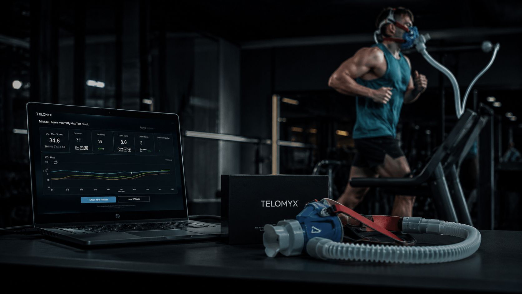 An athlete running on a treadmill wearing a metabolic gas analysis mask during a VO2 max test.