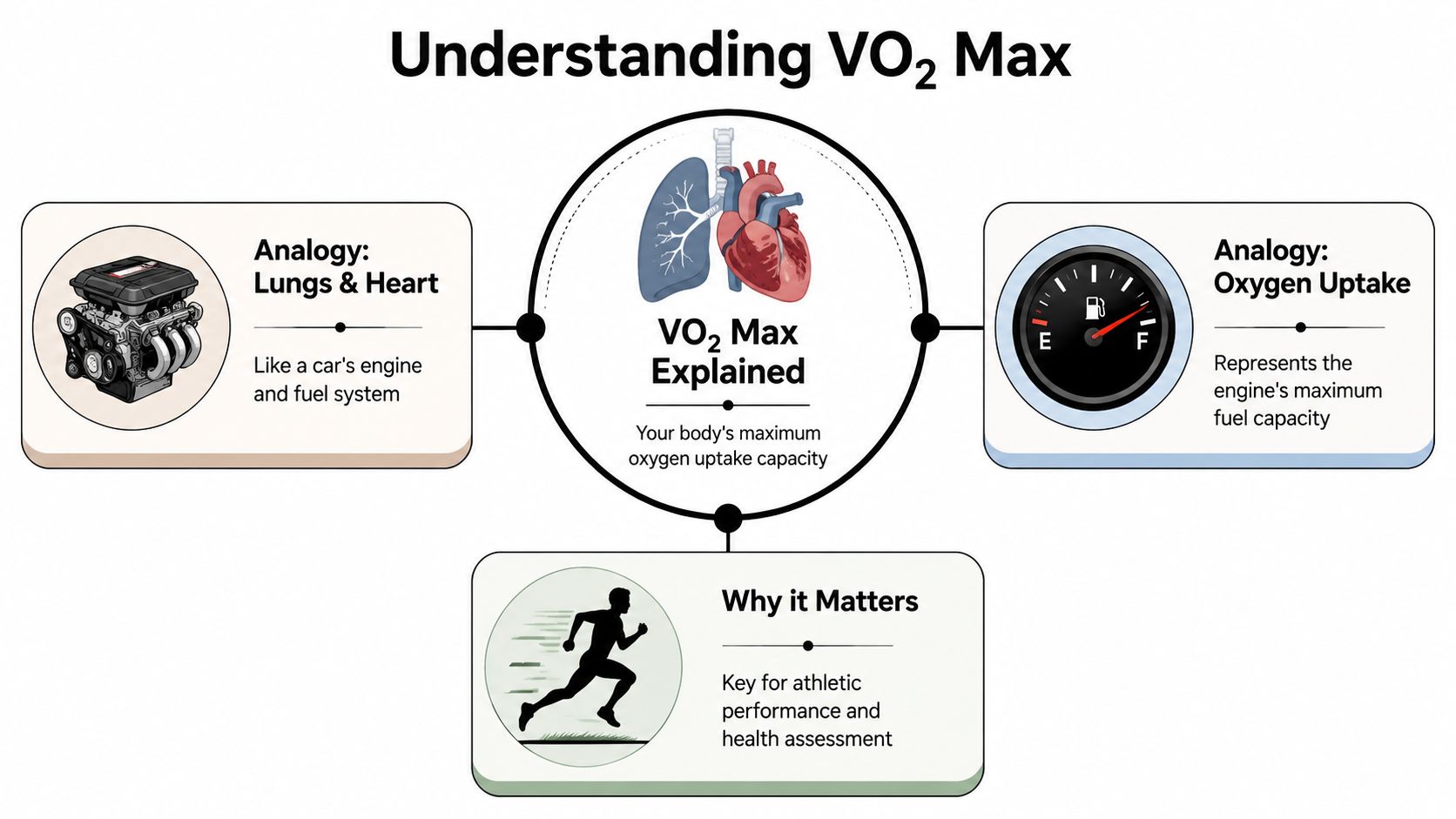 An infographic explaining VO2 max by comparing heart and lung capacity to a car engine fuel system.