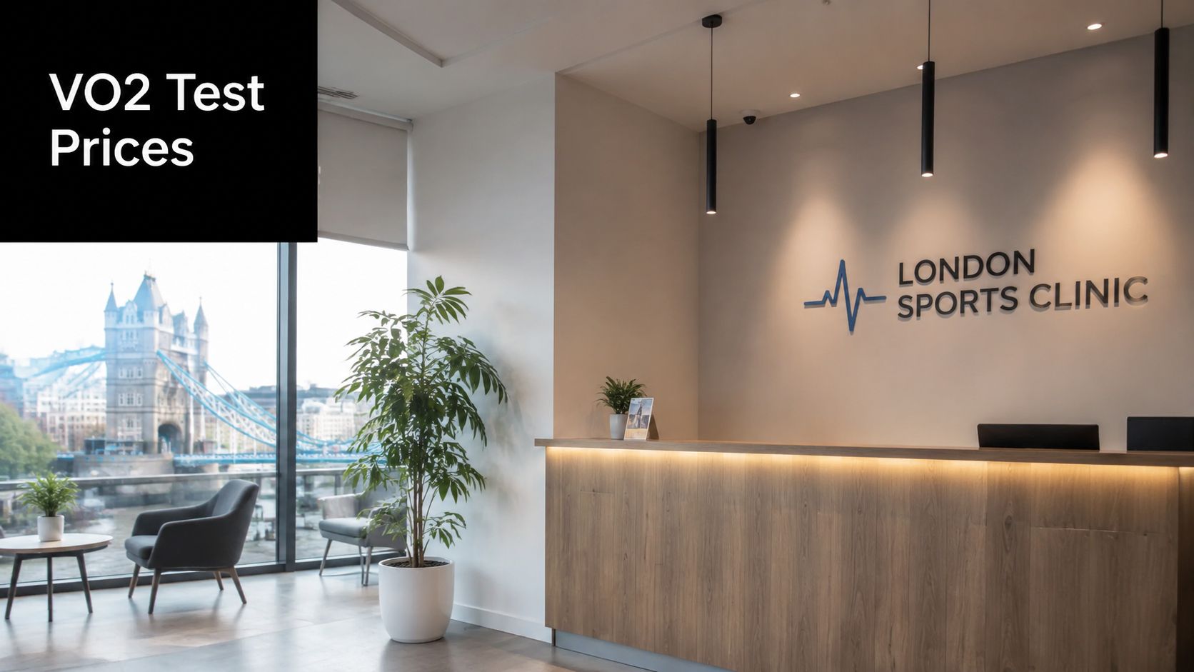 A sleek, modern reception area at London Sports Clinic with a view of Tower Bridge through large windows.