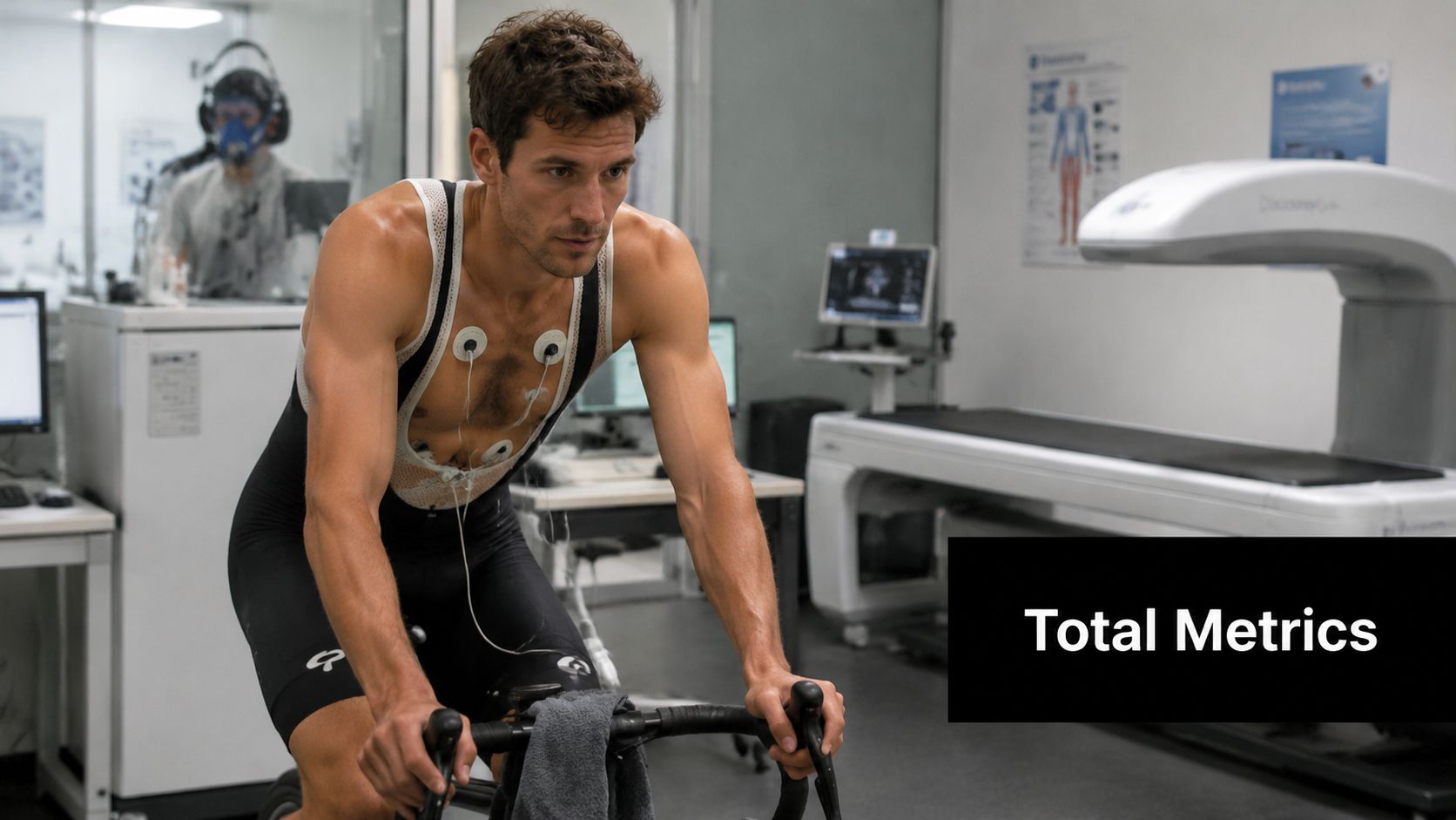 A professional male cyclist undergoing a VO2 max test in a specialised sports science laboratory setting.