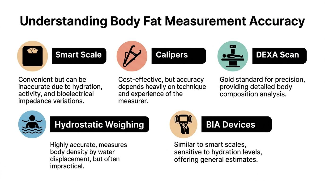 An infographic titled Understanding Body Fat Measurement Accuracy comparing various methods like smart scales, callipers, and DEXA scans.