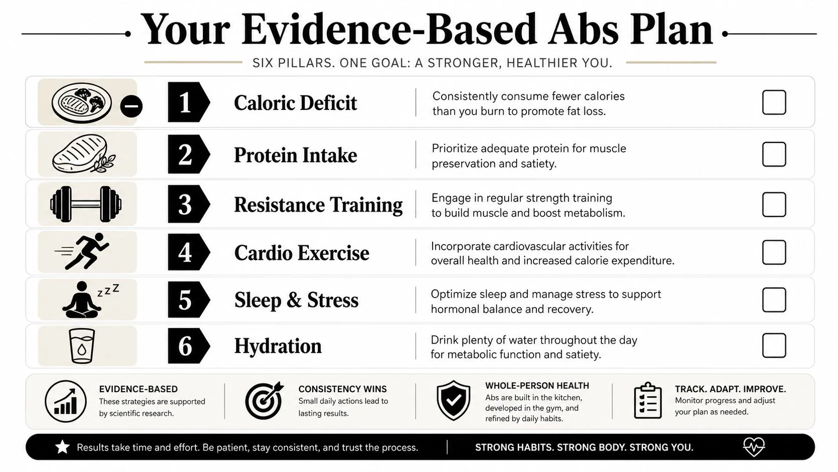 A visual guide outlining six evidence-based pillars for achieving defined abs, including nutrition, exercise, and recovery habits.