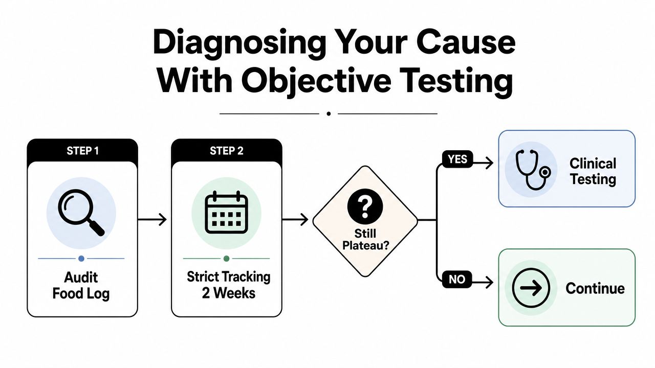 A flowchart titled Diagnosing Your Cause With Objective Testing showing two steps to manage weight loss plateaus.
