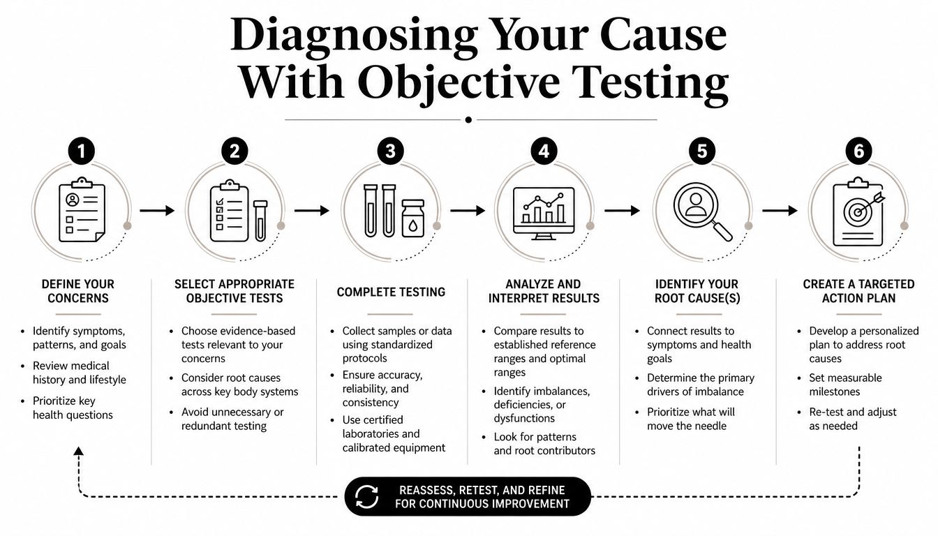 A six-step infographic detailing the process of diagnosing health issues through objective medical testing and analysis.