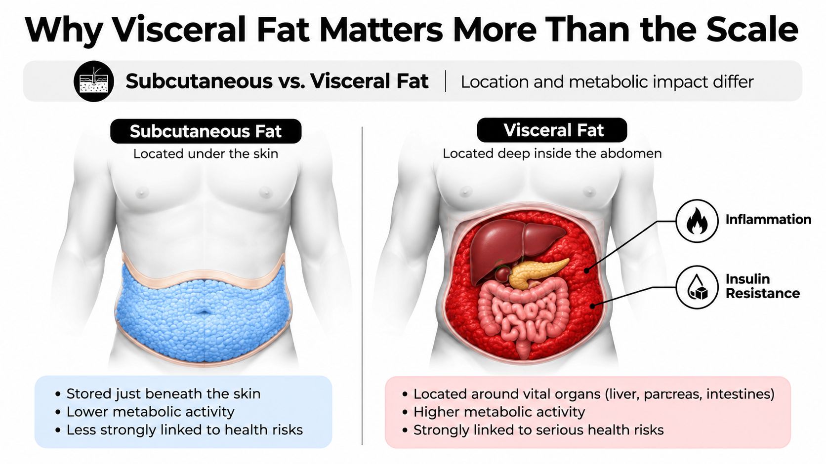 Subcutaneous fat lies beneath the skin, while visceral fat is stored within the abdominal cavity.