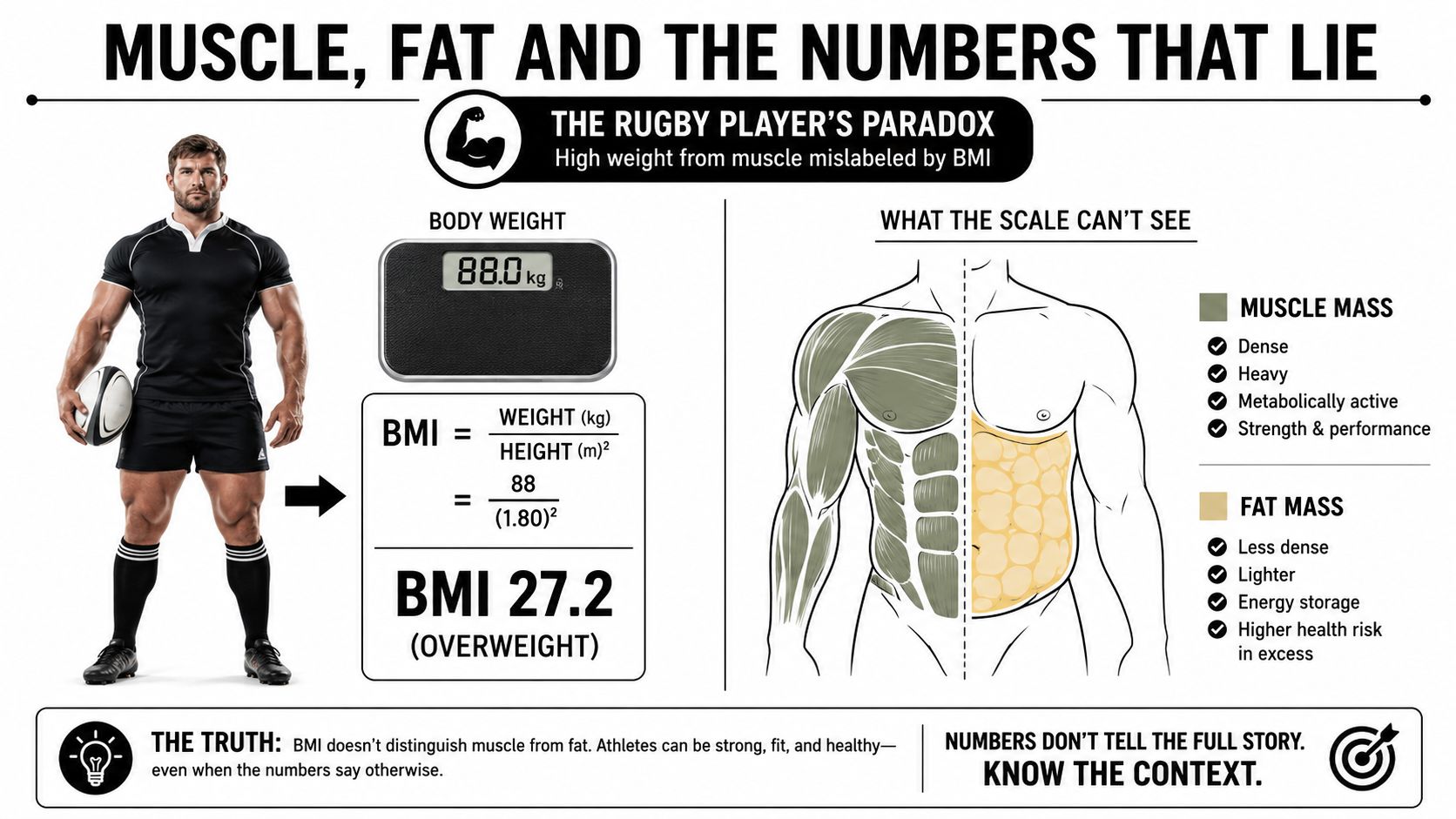 People with the same BMI can have different proportions of fat and lean tissue.