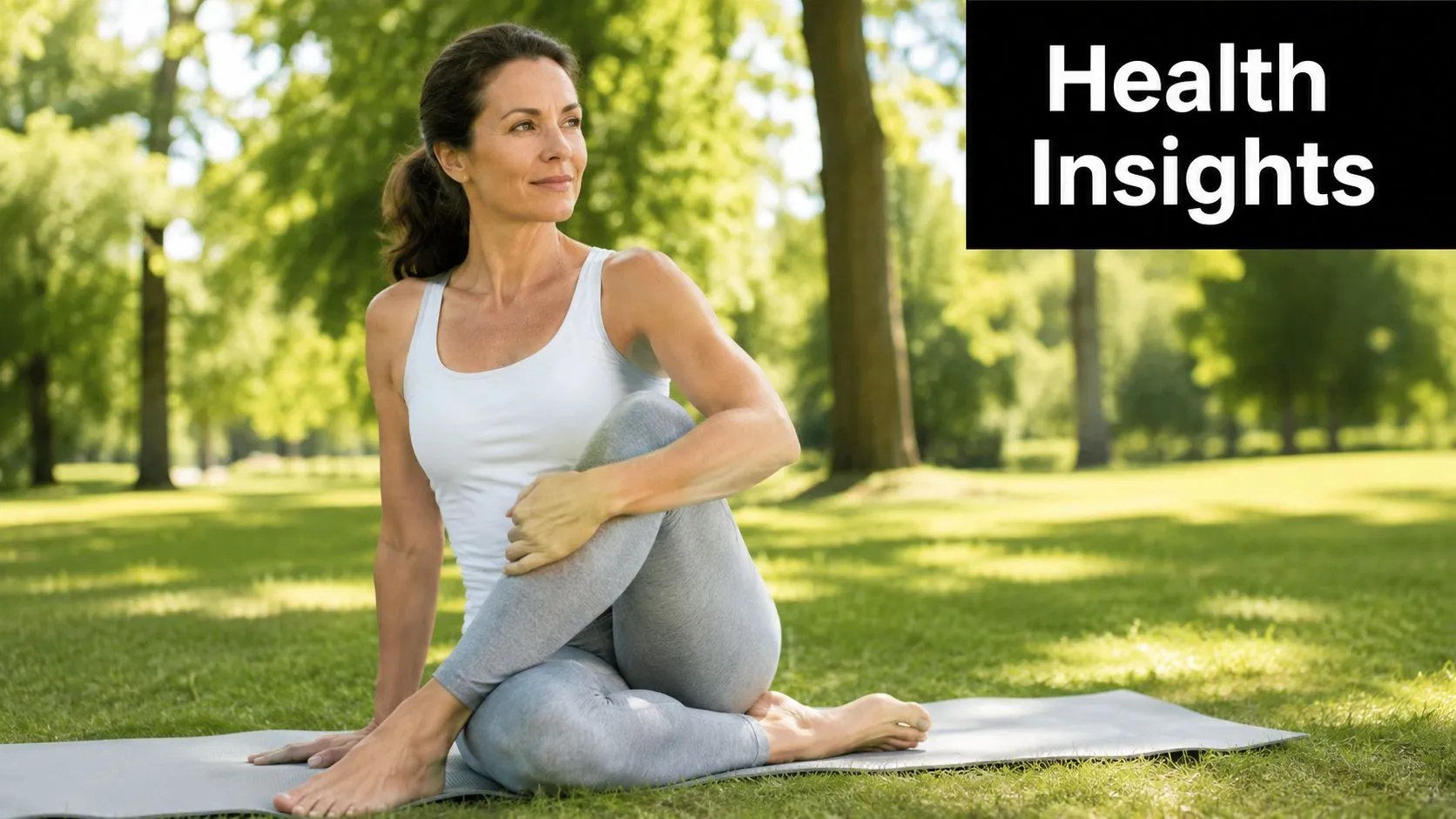 A fit mature woman practicing yoga in a lush green park on a sunny day.