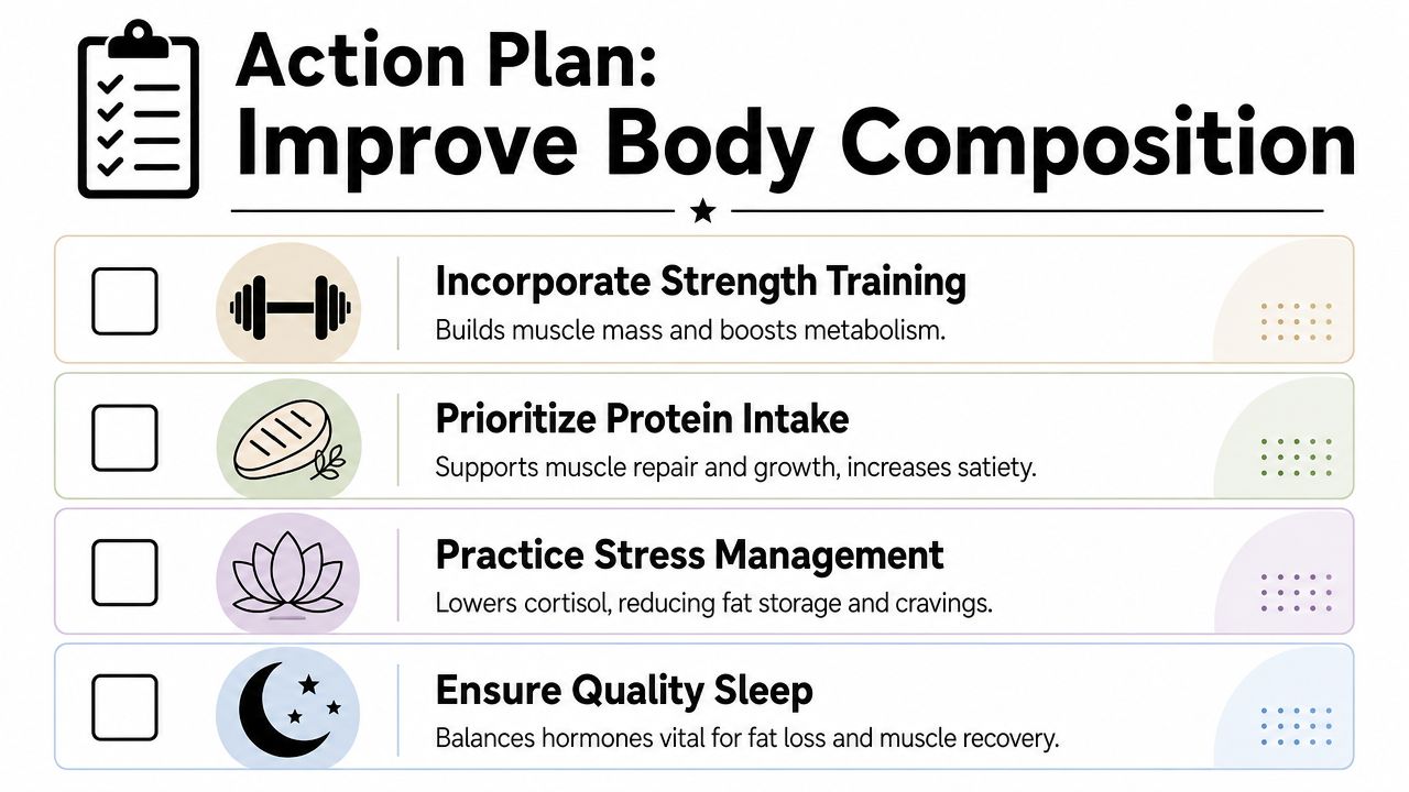 A checklist for improving body composition, highlighting strength training, protein intake, stress management, and sleep quality.