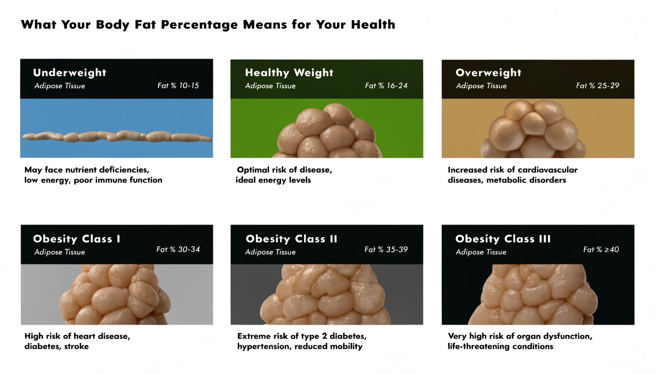 A chart illustrating different body fat percentage categories and their associated health risks and physical manifestations.