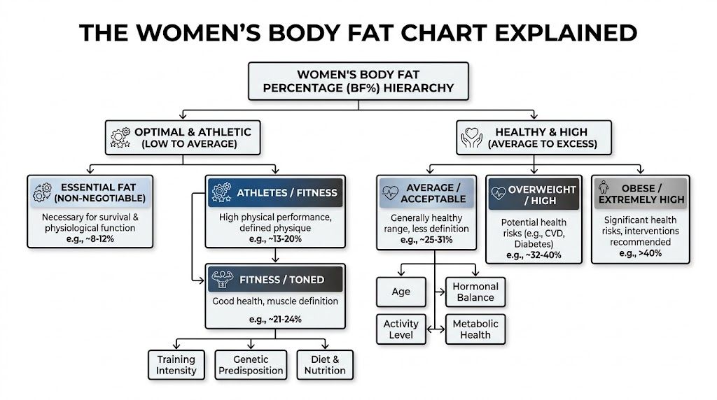 A flowchart explaining various body fat percentage ranges for women, from essential fat to obese categories.