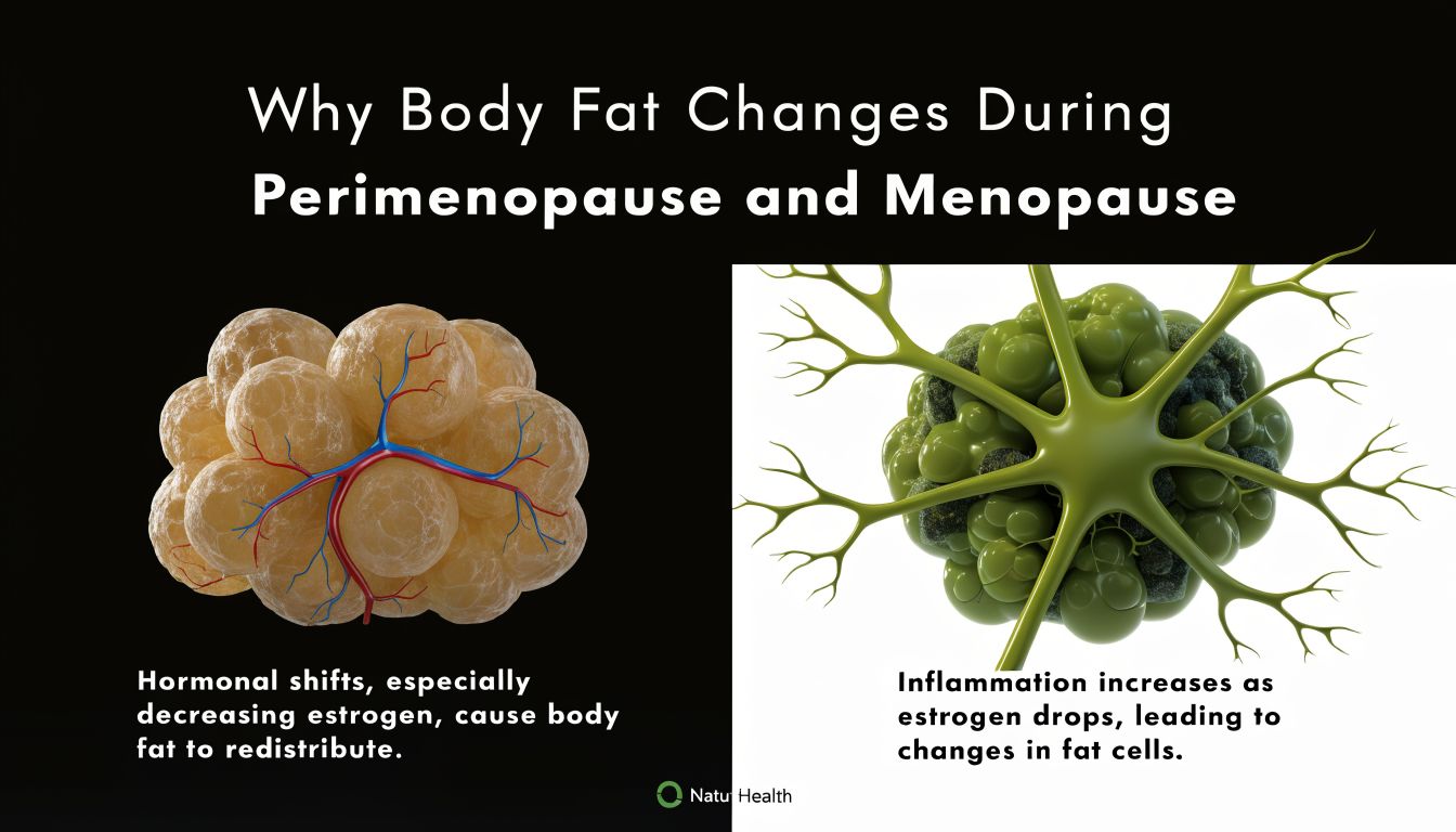 An infographic showing how hormonal changes and inflammation during menopause affect body fat and cell structure.