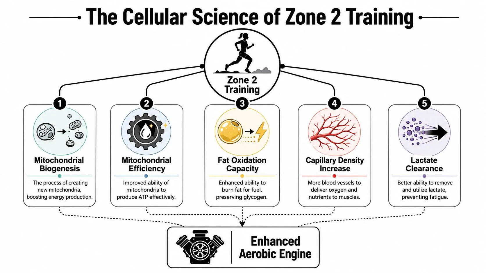 A diagram illustrating the five cellular benefits of Zone 2 training, leading to an enhanced aerobic engine.