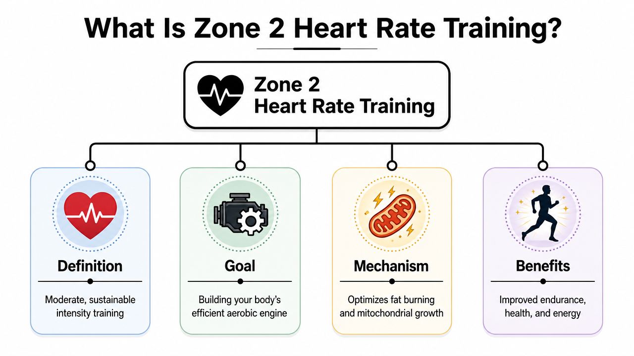 A diagram explaining Zone 2 heart rate training, covering its definition, goals, mechanisms, and overall health benefits.