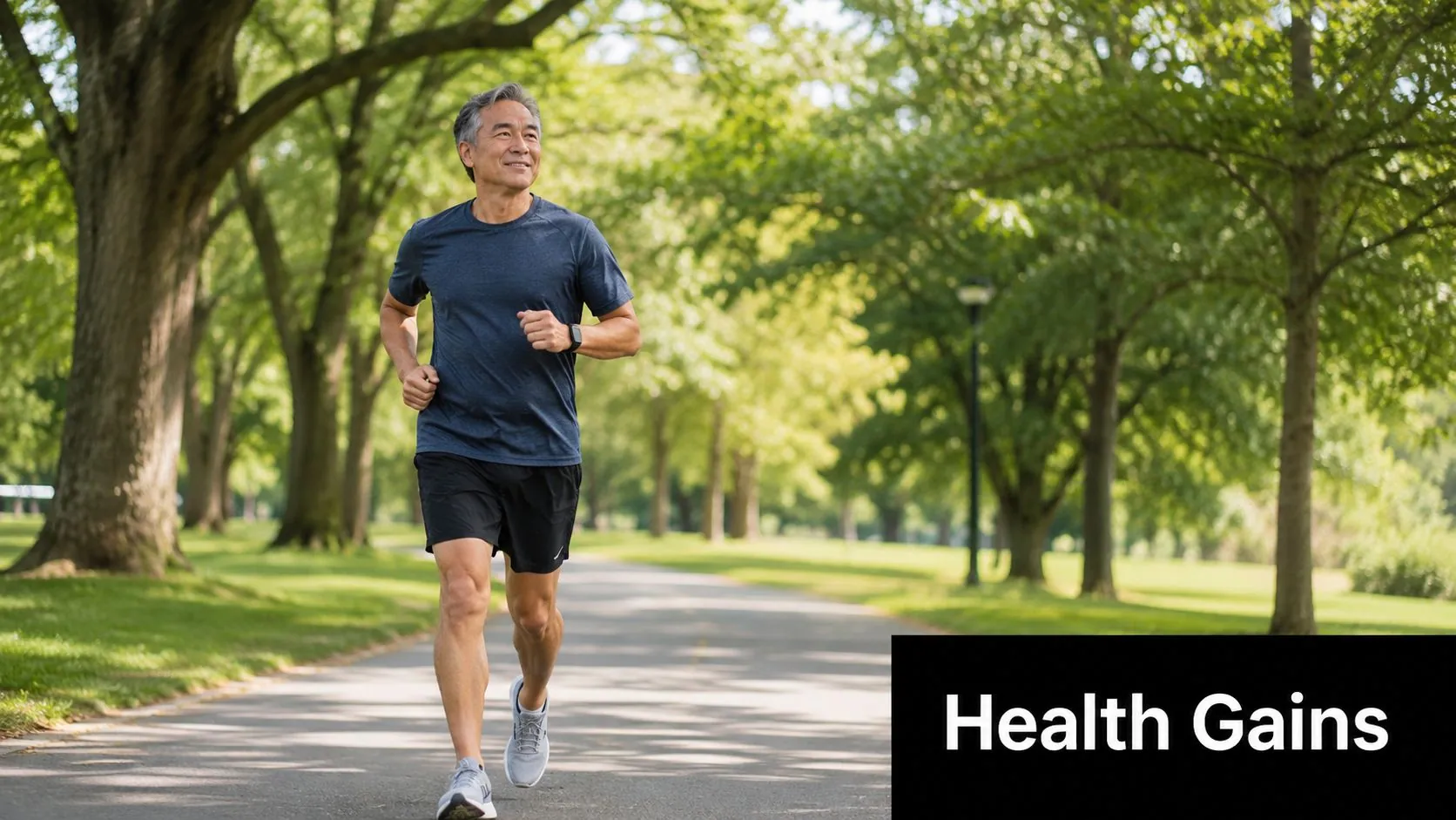 A happy middle-aged man jogging on a sunny, tree-lined park path for cardiovascular health.