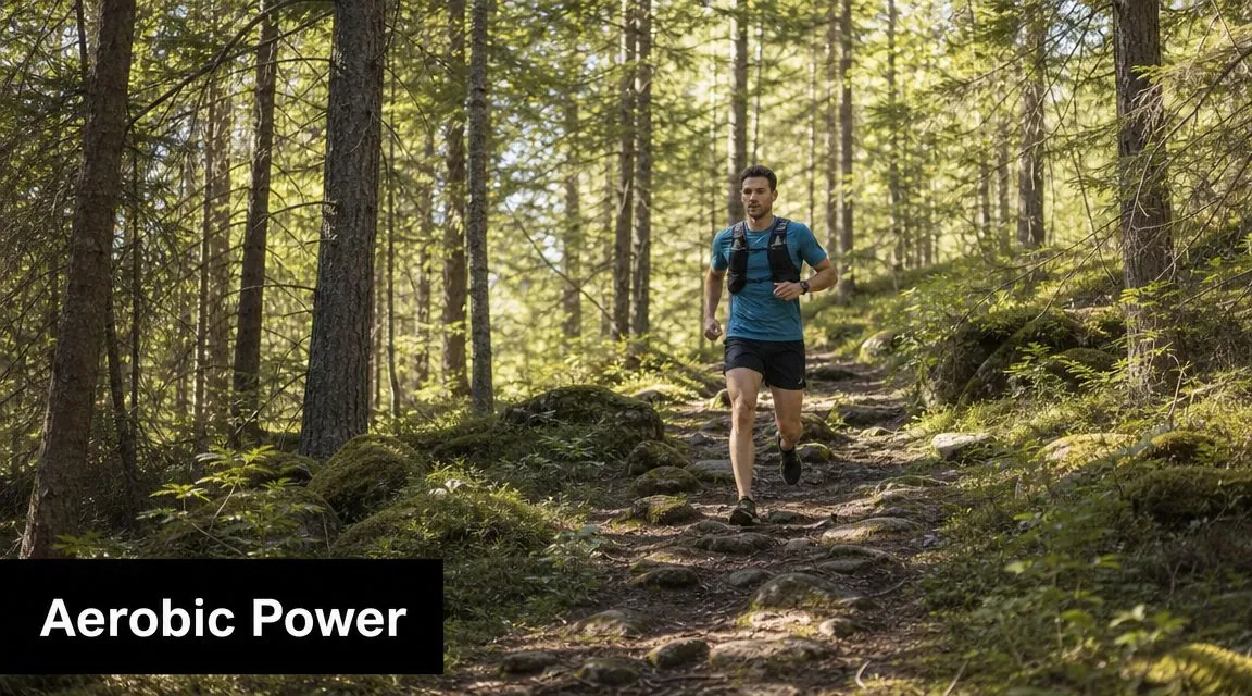 A man running on a forest trail while wearing a hydration vest to improve his aerobic power.