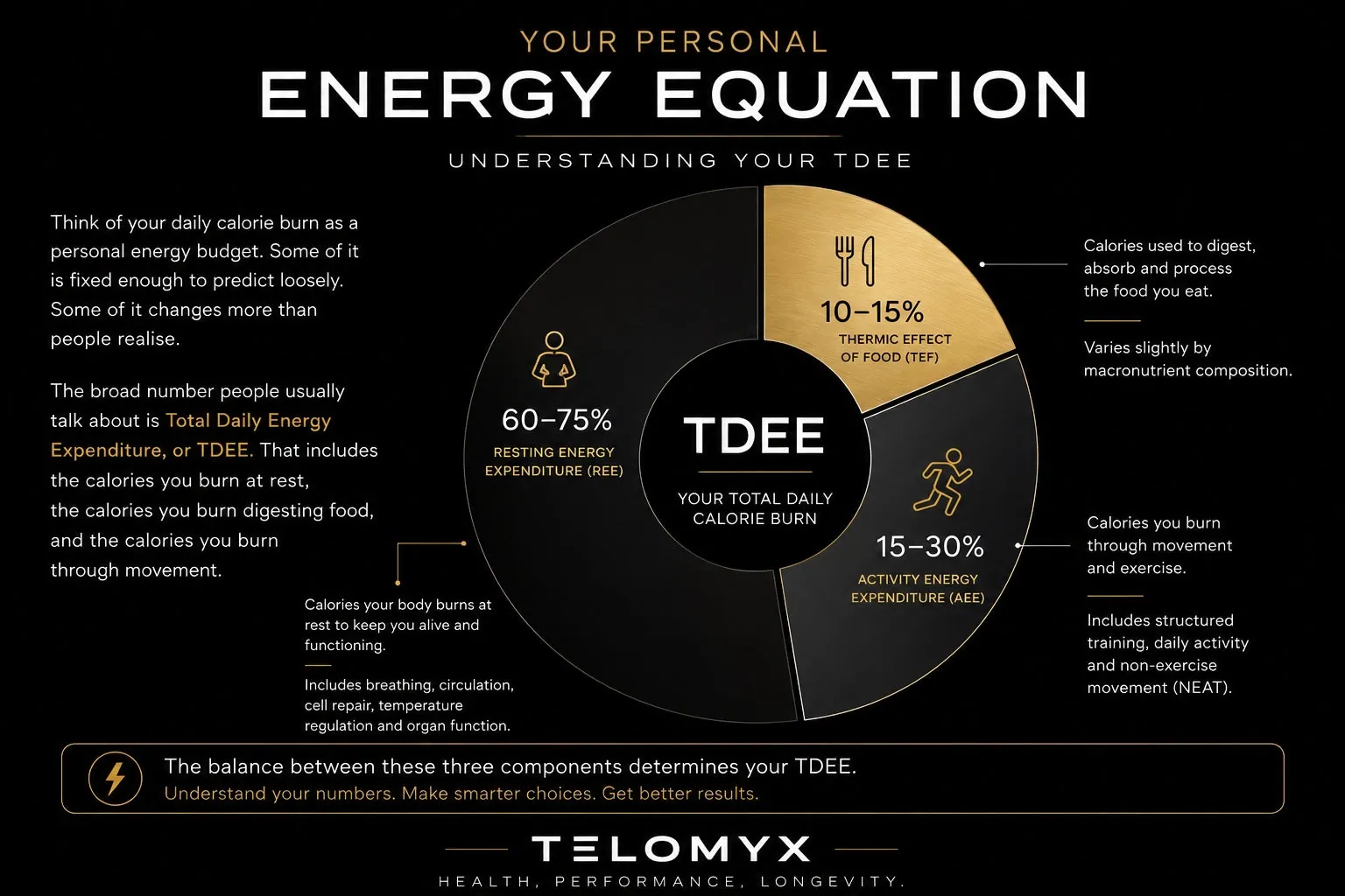 Infographic explaining Total Daily Energy Expenditure (TDEE) with a circular breakdown of resting energy expenditure, thermic effect of food, and activity energy expenditure on a black and gold Telomyx-branded background.