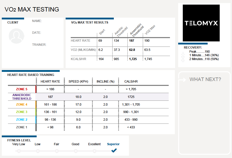 The Key Metrics dashboard section of the Telomyx VO2 Max report
