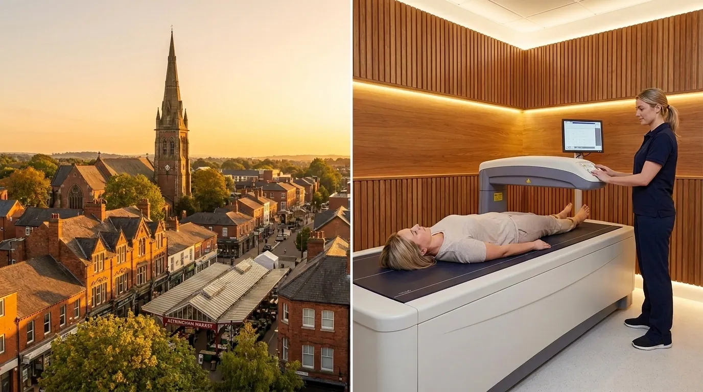Altrincham town centre alongside a clinical-grade DEXA body composition scanner | TELOMYX mobile DEXA scans in Altrincham and Trafford