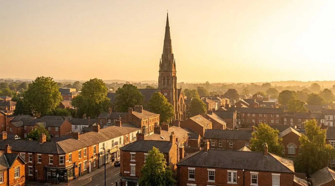 Altrincham town centre and market quarter with the church spire at golden hour | TELOMYX mobile DEXA, VO2 Max and RMR testing in Altrincham and Trafford