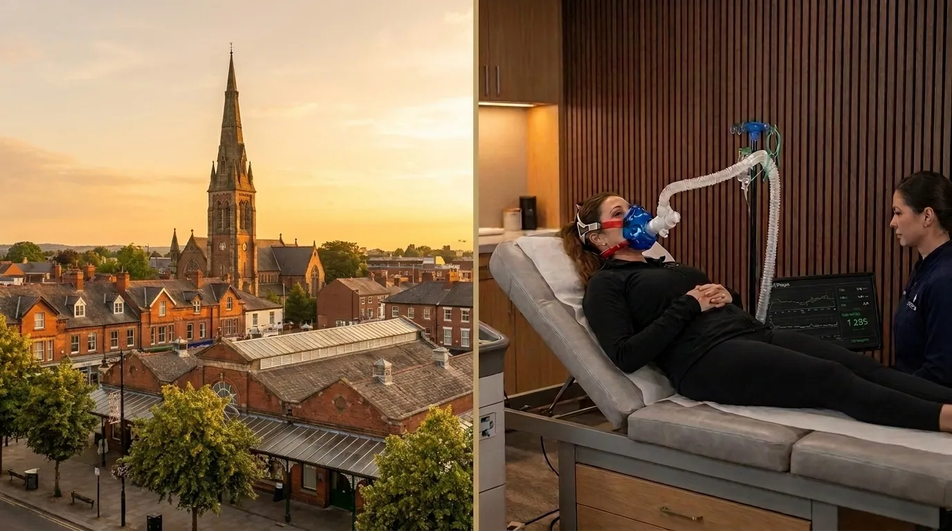 Altrincham town centre alongside a clinical resting metabolic rate test being performed in a premium wellness clinic | TELOMYX mobile RMR testing in Altrincham and Trafford