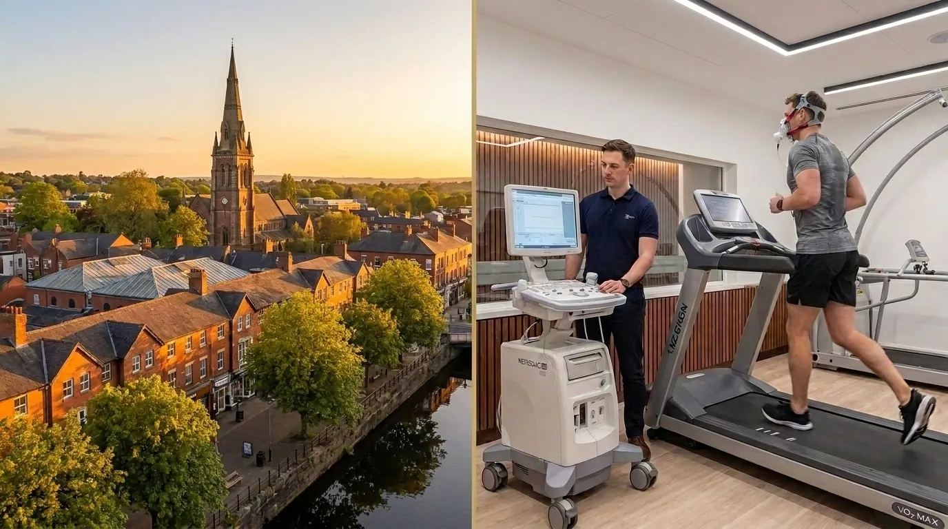 Altrincham town centre alongside an athlete performing a VO2 Max treadmill test in a mask | TELOMYX mobile VO2 Max testing in Altrincham and Trafford