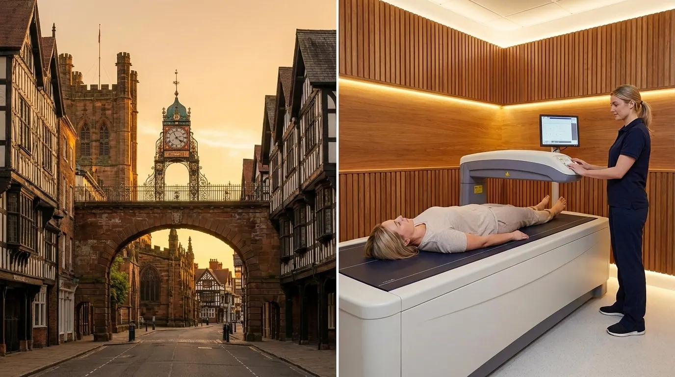 Chester skyline alongside a clinical-grade DEXA body composition scanner | TELOMYX mobile DEXA scans in Chester and across Cheshire