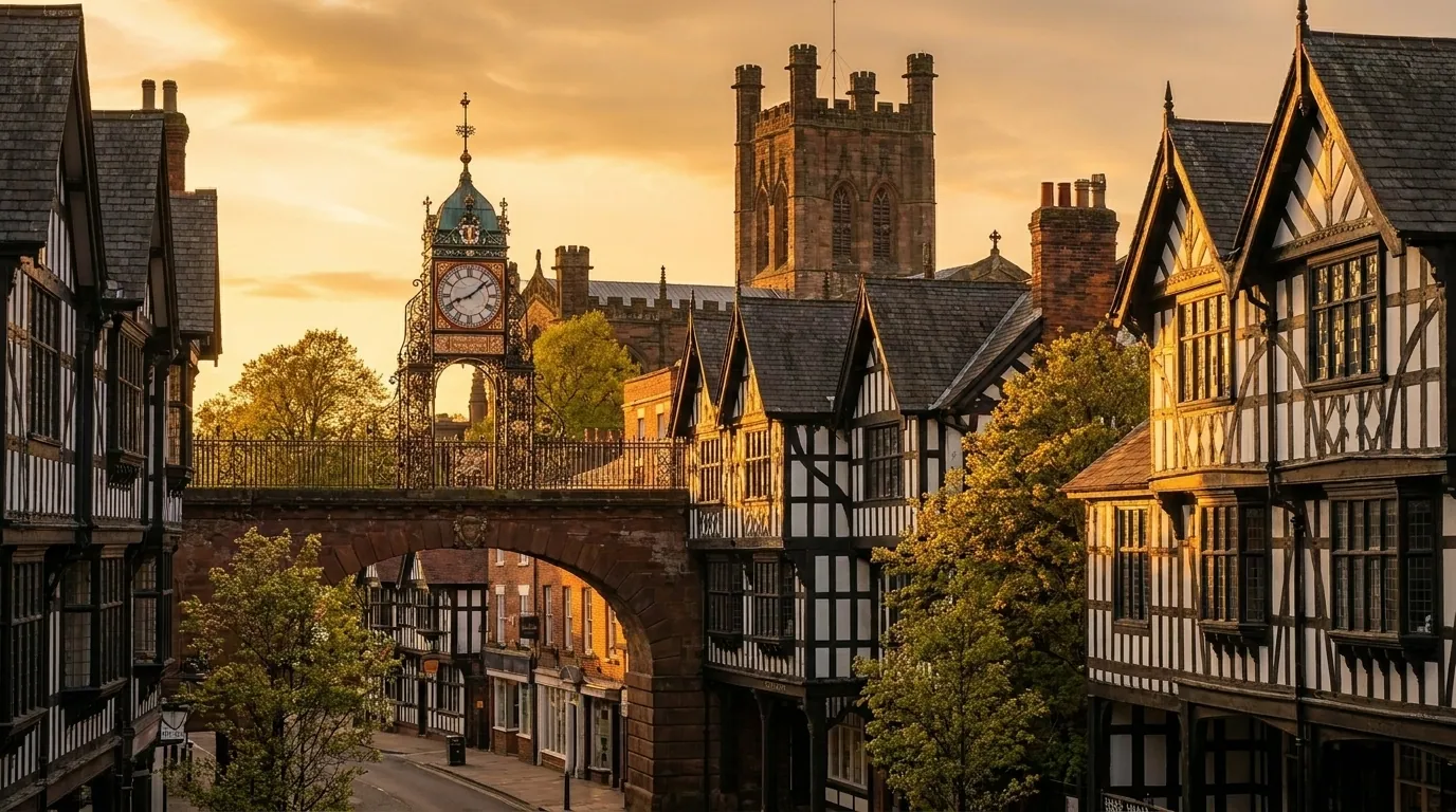 Chester city skyline with the Eastgate Clock and the Roman city walls at golden hour | TELOMYX mobile DEXA, VO2 Max and RMR testing in Chester and across Cheshire