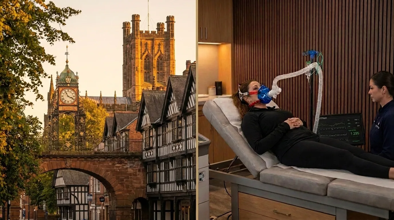 Chester skyline alongside a clinical resting metabolic rate test being performed in a premium wellness clinic | TELOMYX mobile RMR testing in Chester and across Cheshire