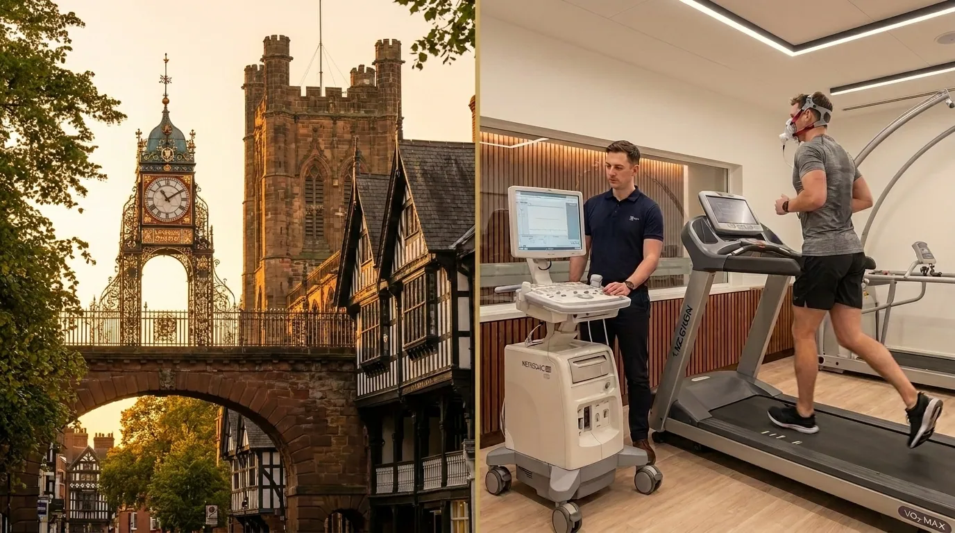 Chester skyline alongside an athlete performing a VO2 Max treadmill test in a mask | TELOMYX mobile VO2 Max testing in Chester and across Cheshire