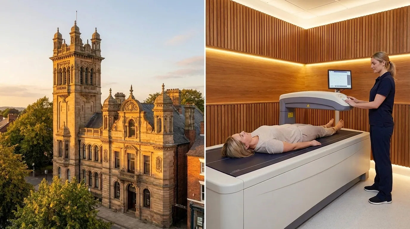 Knutsford Cheshire skyline alongside a clinical-grade DEXA body composition scanner | TELOMYX mobile DEXA scans in Knutsford
