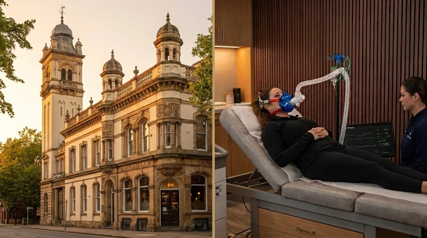 Knutsford Cheshire skyline alongside a clinical resting metabolic rate test being performed in a premium wellness clinic | TELOMYX mobile RMR testing in Knutsford