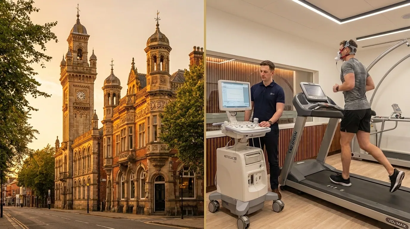 Knutsford Cheshire skyline alongside an athlete performing a VO2 Max treadmill test in a mask | TELOMYX mobile VO2 Max testing in Knutsford