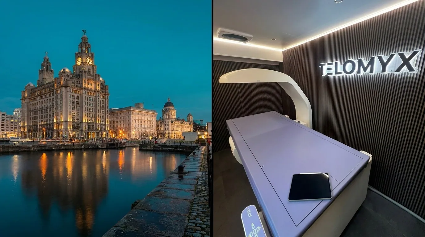Liverpool waterfront alongside a clinical-grade DEXA body composition scanner | TELOMYX mobile DEXA scans in Liverpool and Merseyside