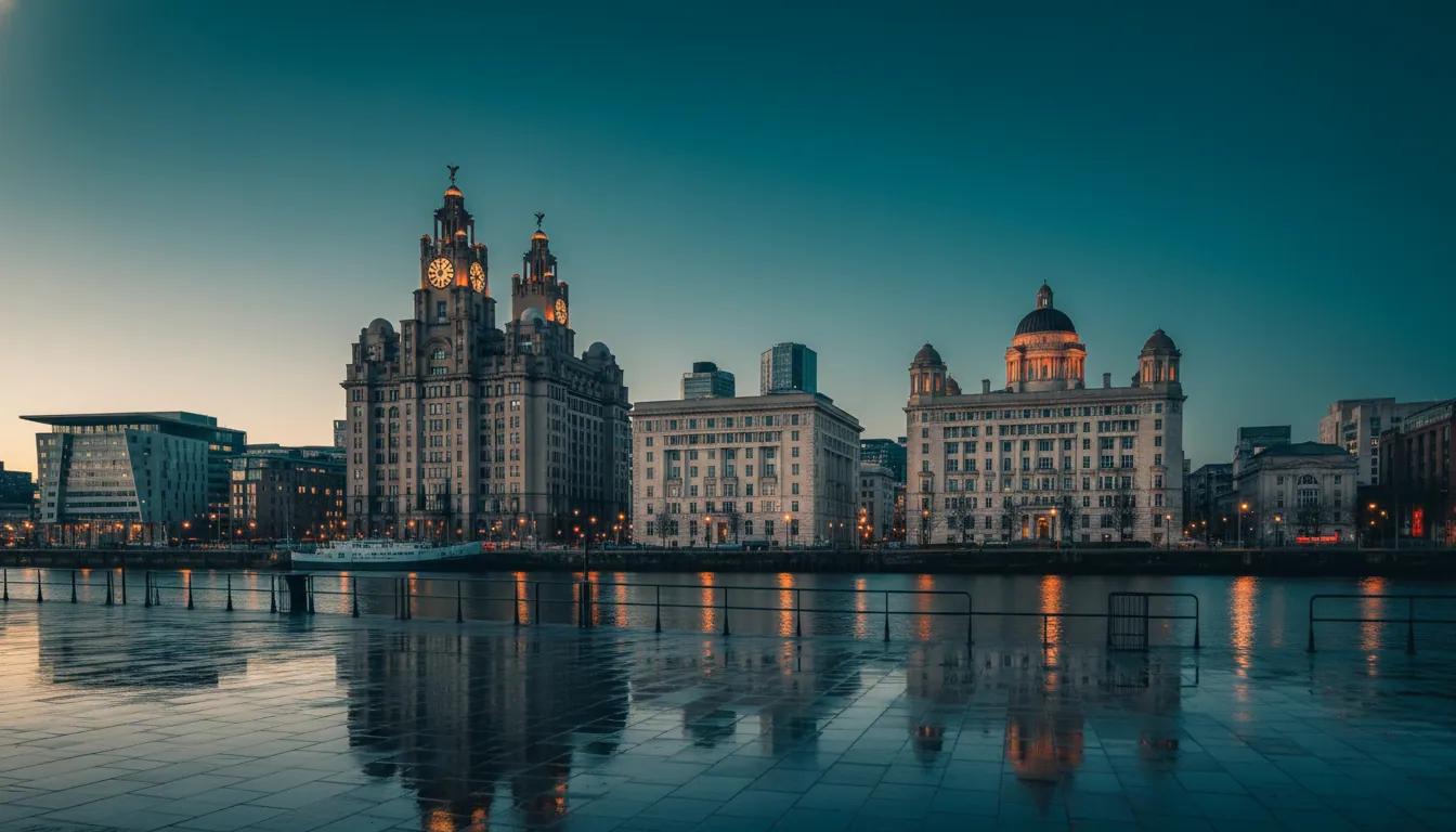 Liverpool waterfront and Royal Liver Building at golden hour | TELOMYX mobile DEXA, VO2 Max and RMR testing in Liverpool and Merseyside