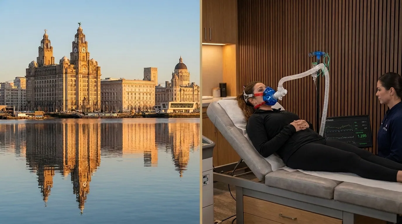 Liverpool waterfront alongside a clinical resting metabolic rate test being performed in a premium wellness clinic | TELOMYX mobile RMR testing in Liverpool and Merseyside