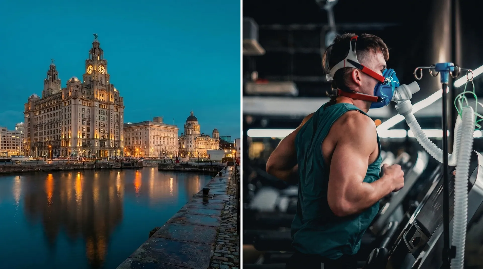 Liverpool waterfront alongside a male athlete performing a VO2 Max treadmill test in a mask | TELOMYX mobile VO2 Max testing in Liverpool and Merseyside