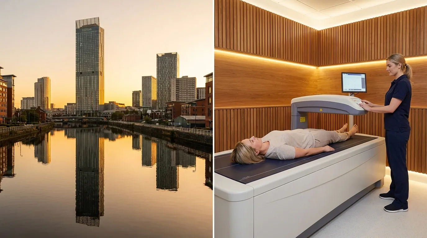 Manchester skyline alongside a clinical-grade DEXA body composition scanner | TELOMYX mobile DEXA scans in Manchester and Greater Manchester
