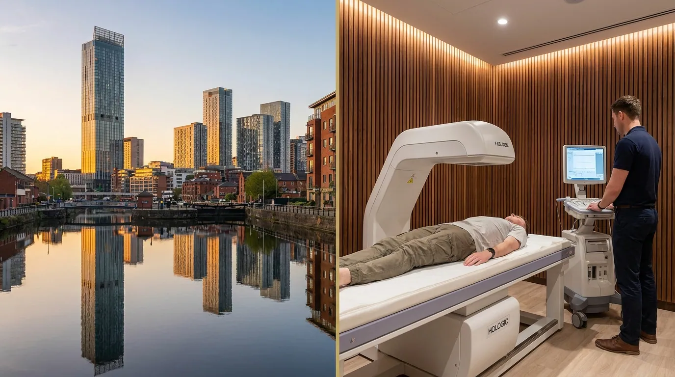 Manchester city skyline with the Beetham Tower at golden hour | TELOMYX mobile DEXA, VO2 Max and RMR testing in Manchester and Greater Manchester