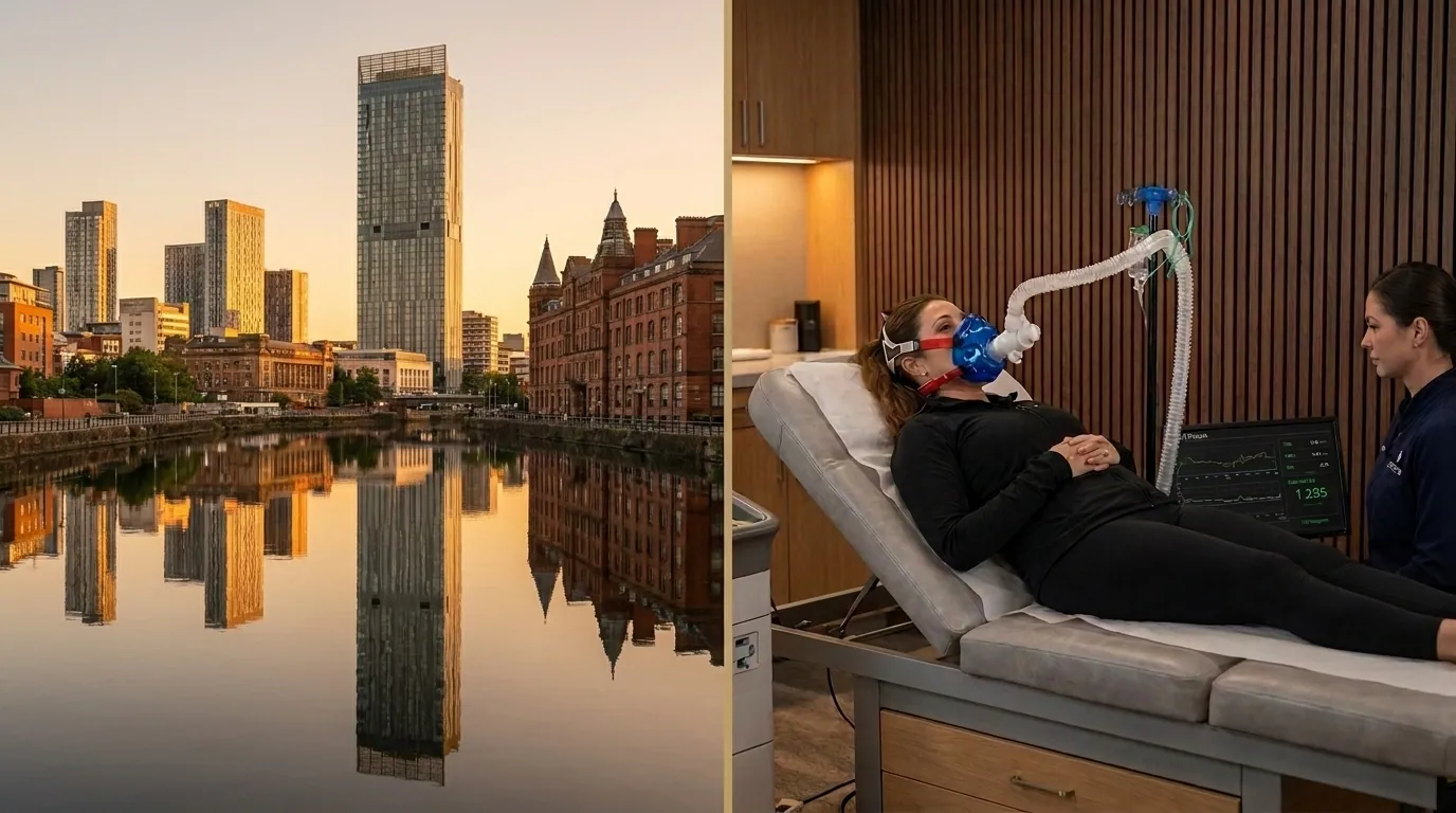 Manchester skyline alongside a clinical resting metabolic rate test being performed in a premium wellness clinic | TELOMYX mobile RMR testing in Manchester and Greater Manchester