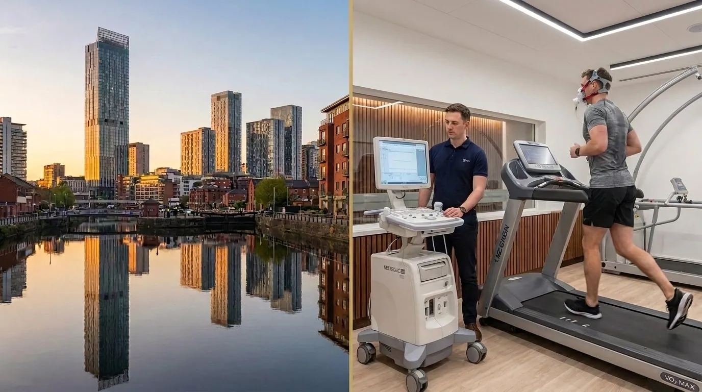 Manchester skyline alongside an athlete performing a VO2 Max treadmill test in a mask | TELOMYX mobile VO2 Max testing in Manchester and Greater Manchester