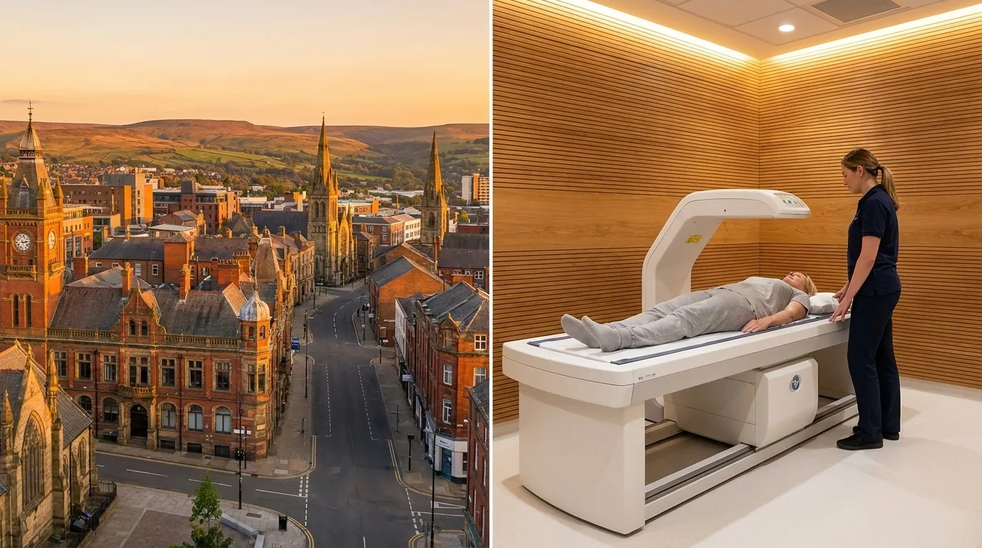 Oldham skyline alongside a clinical-grade DEXA body composition scanner | TELOMYX mobile DEXA scans in Oldham and Greater Manchester