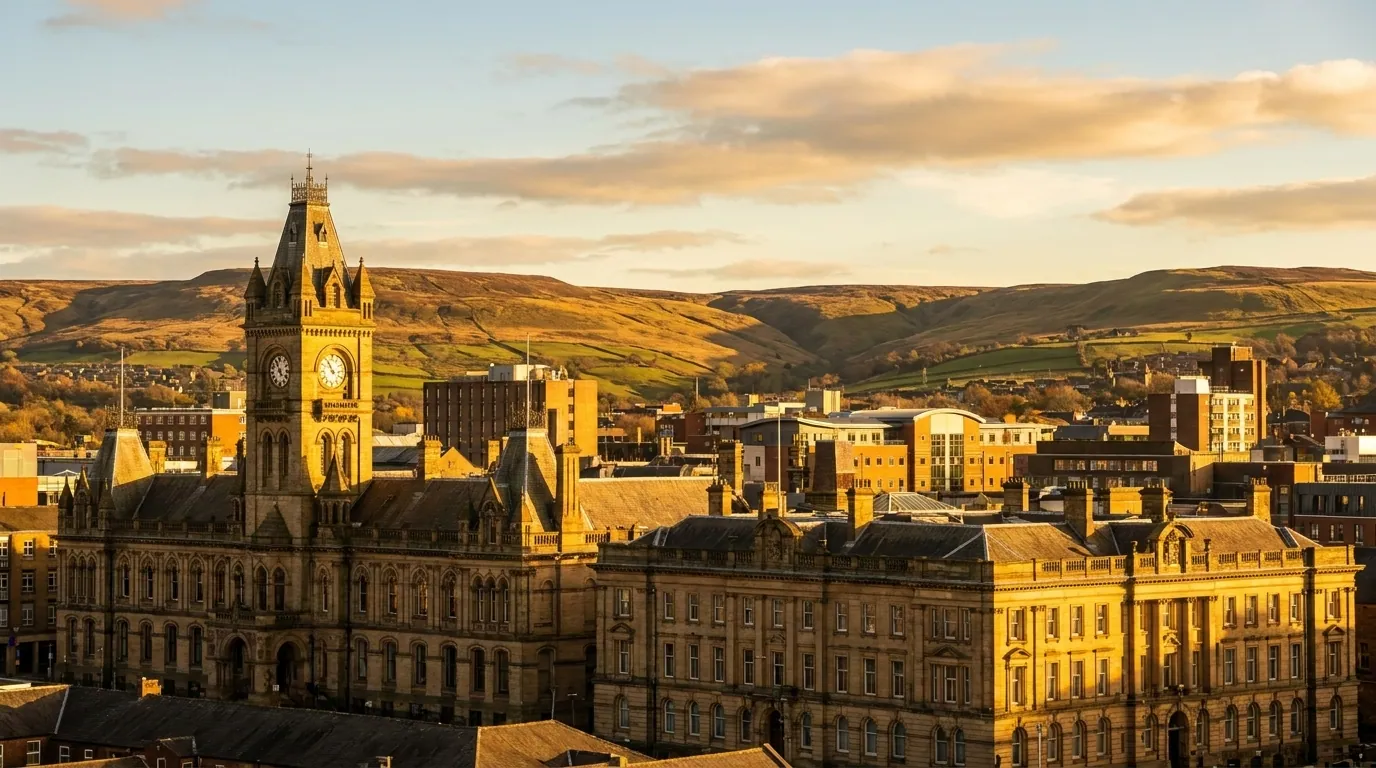 Oldham town centre and Saddleworth moorland skyline at golden hour | TELOMYX mobile DEXA, VO2 Max and RMR testing in Oldham and Greater Manchester