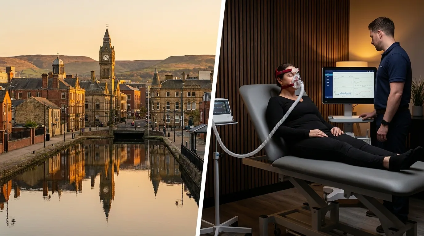 Oldham skyline alongside a clinical resting metabolic rate test being performed in a premium wellness studio | TELOMYX mobile RMR testing in Oldham and Greater Manchester