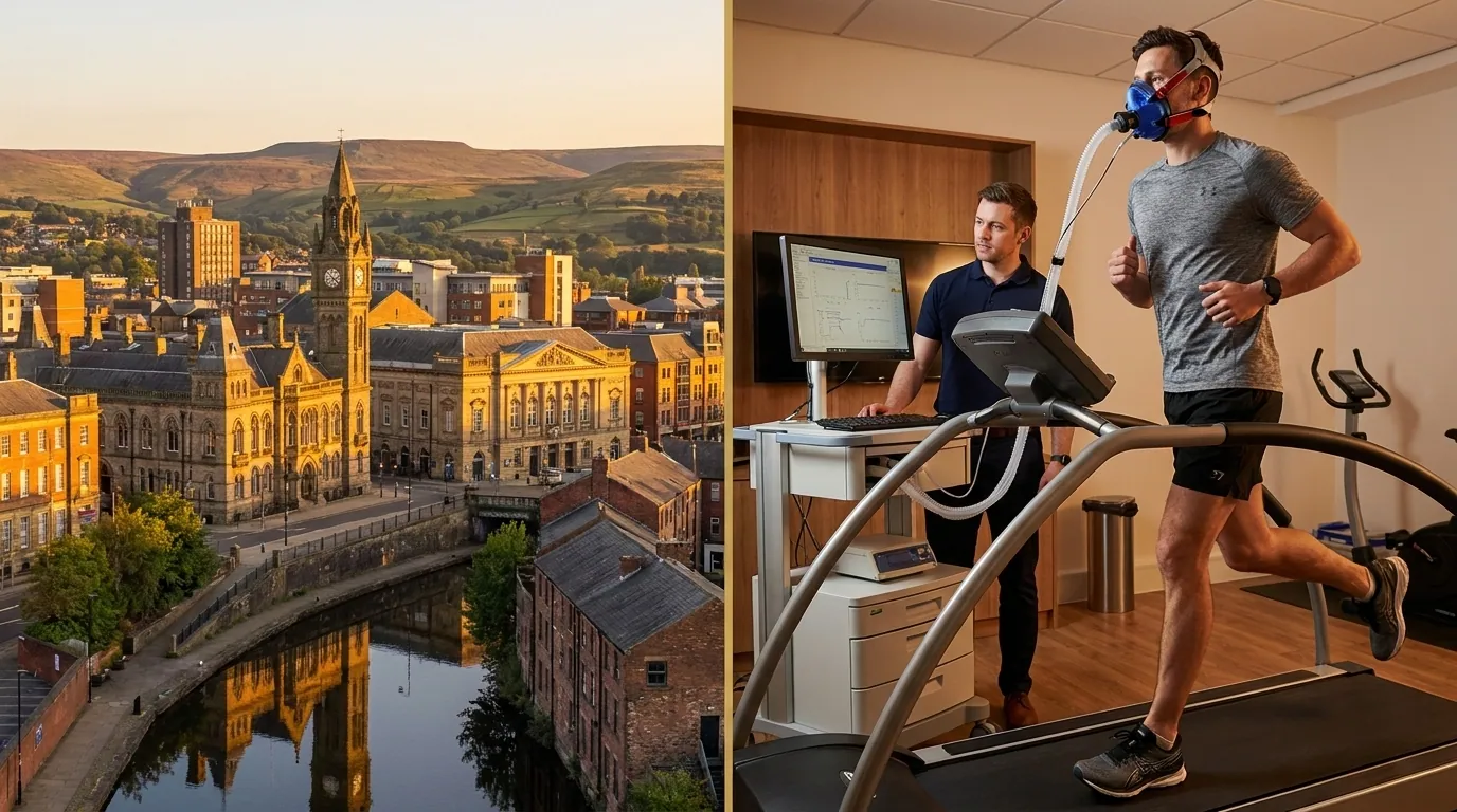 Oldham skyline alongside an athlete performing a VO2 Max treadmill test in a mask | TELOMYX mobile VO2 Max testing in Oldham and Greater Manchester