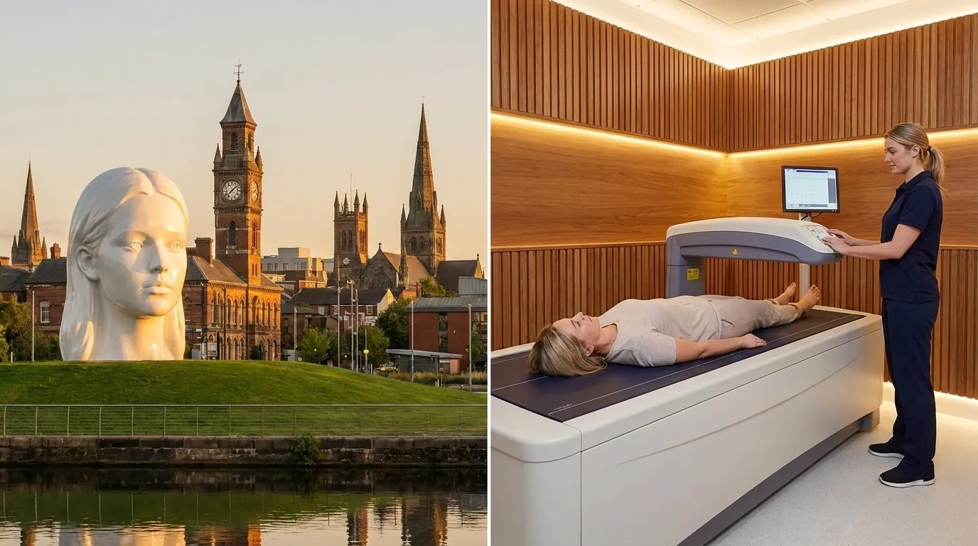 St Helens skyline alongside a clinical-grade DEXA body composition scanner | TELOMYX mobile DEXA scans in St Helens, Merseyside