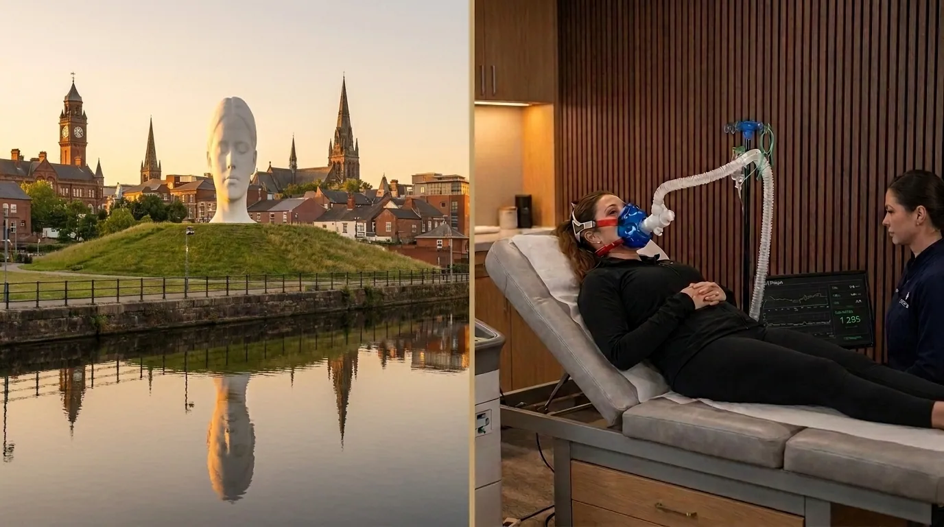 St Helens skyline alongside a clinical resting metabolic rate test being performed in a premium wellness clinic | TELOMYX mobile RMR testing in St Helens, Merseyside
